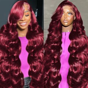 30 Inch 99J Burgundy Lace Front Wigs Human Hair 13x6 Body Wave Lace Front Wigs Human Hair Pre Plucked 200 Density Glueless HD Transparent Full Lace Frontal Wigs Human Hair Red Wigs With Baby Hair