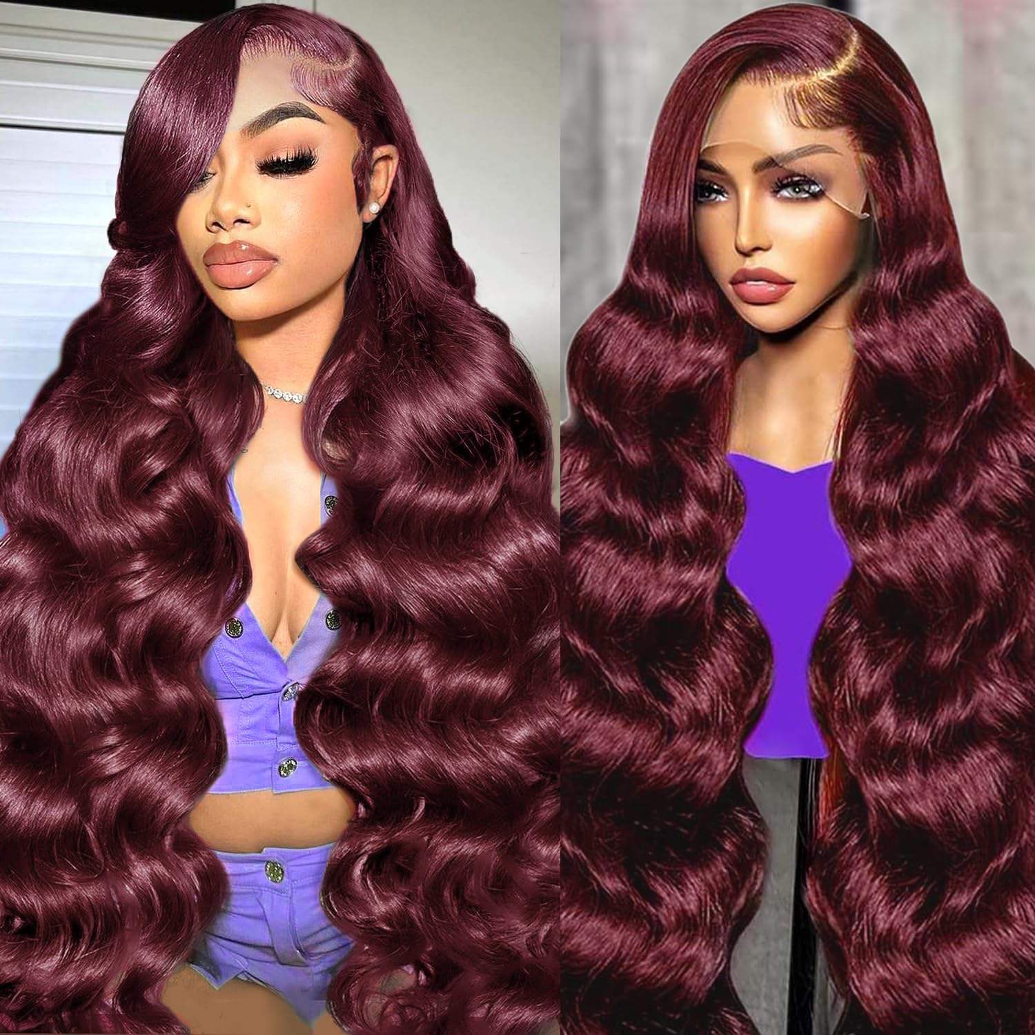 30 Inch 99J Burgundy Lace Front Wigs Human Hair Pre Plucked 200% Density Body Wave Lace Front Wigs Human Hair Red Wig HD Transparent Full Frontal 13x6 Glueless Colored Natural Wig For Woman