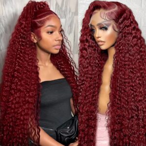 30 Inch Burgundy Wig Human Hair 99j Burgundy 13x6 Deep Wave Lace Front Wigs Human Hair Pre Plucked HD Transparent Lace Frontal Wigs for Black Women Red Colored Wig