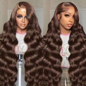 30 Inch Chocolate Brown Lace Front Wig 200 Density 13x6 HD Body Wave Lace Front Wigs Human Hair Pre Plucked Colored Frontal Glueless Brown Human Hair Wig for Women with Baby Hair