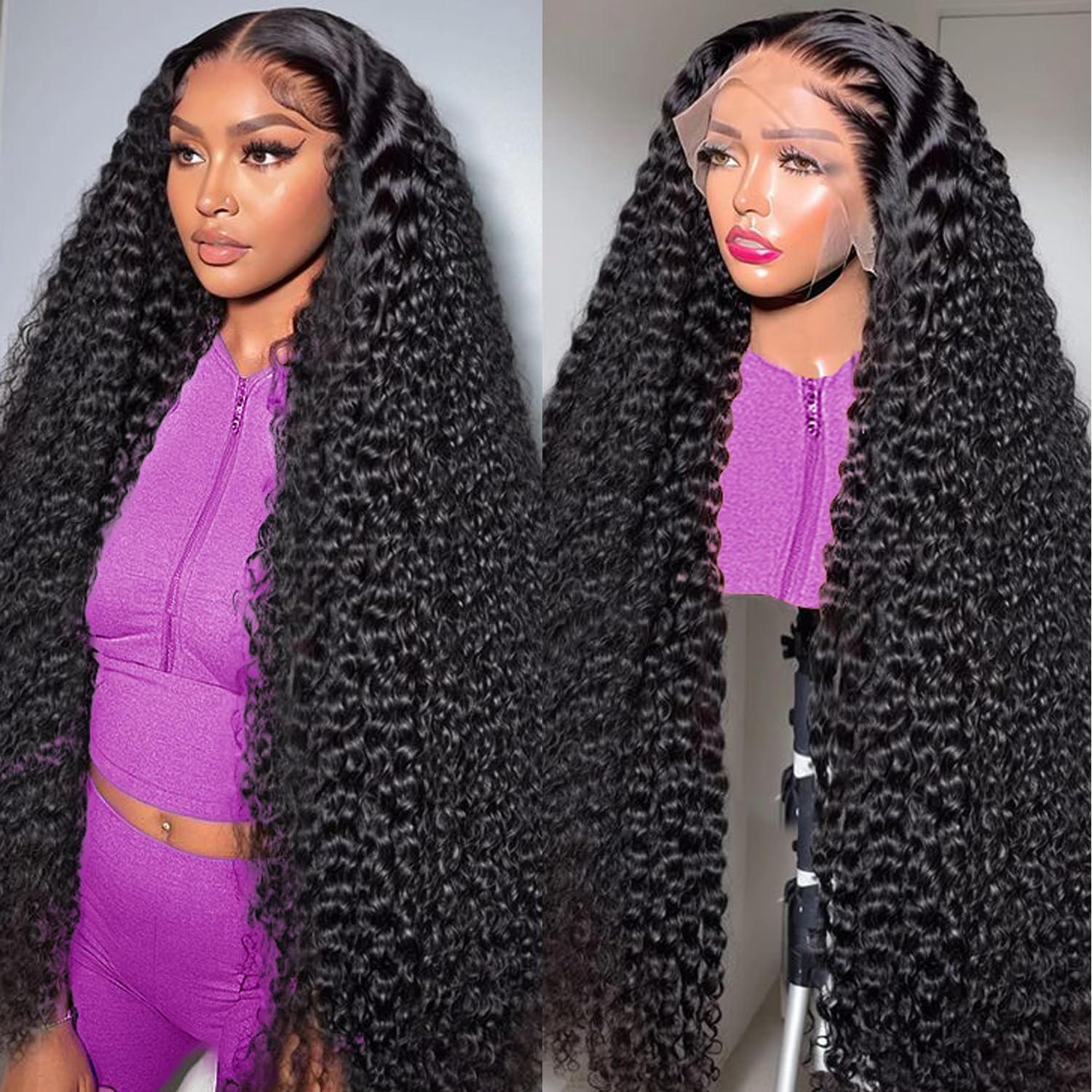 30 Inch Deep Wave Lace Front Wigs Human Hair 200% Density 13x6 HD Transparent Lace Front Wigs Pre Plucked Deep Curly Human Hair Wigs for Women Deep Wave Frontal Wig with Baby Hair Natural Color