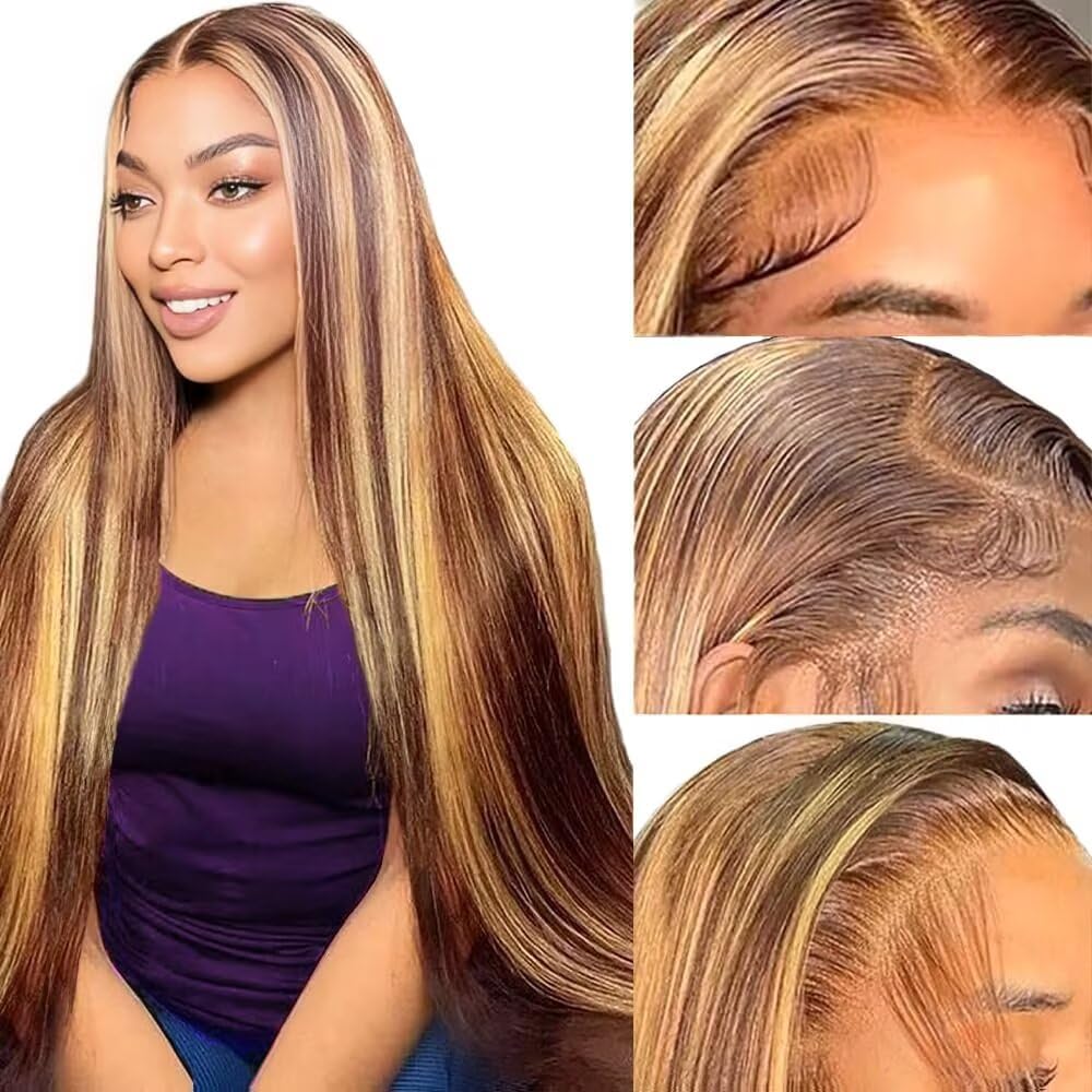 30 Inch Ombre Highlight 13x6 Lace Front Wigs Human Hair 180% Density HD Transparent Pre Plucked Straight Lace Front Wigs Human Hair Glueless #4/27 Colored Honey Blonde Human Hair Wig for Women