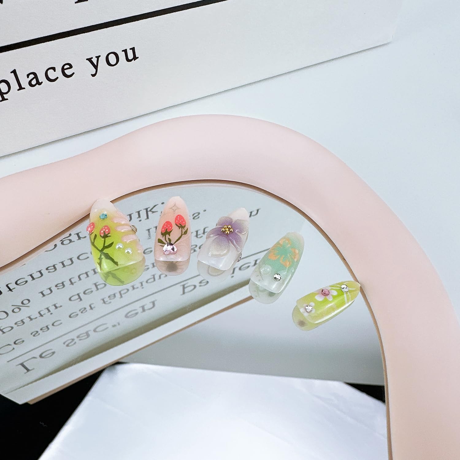 30Pcs 3D Flower Press on Nails Medium Almond Fake Nails with Pearl Rhinestones Designs Fill Cover Glue on Nails Cute Strawberry Acrylic Nails Pink Bow False Nails Star Floral Stick on Nails for Women - Image 3