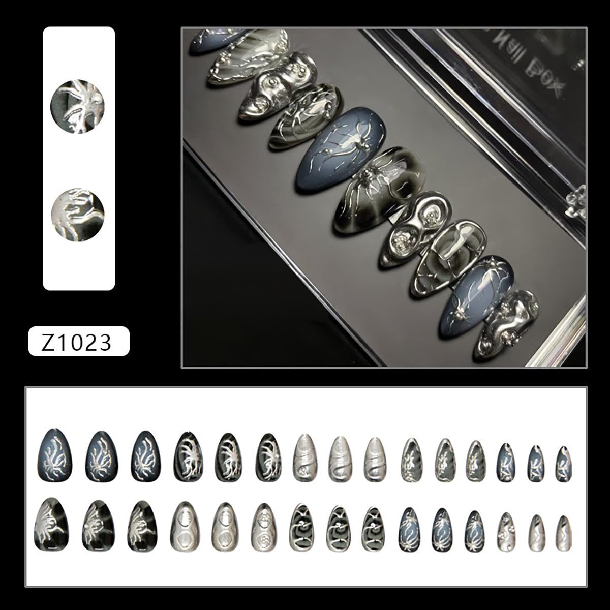 30Pcs Goth Press on Nails Medium Almond Fake Nails 3D Silver Alloy Chrome Glitter Design Y2k Glue on Nails Full Cover Glue on Nails Reusable Handmade Nails Black False Nails for Women Acrylic Nails - Image 2