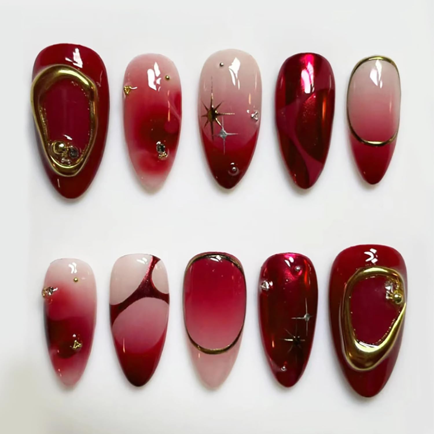 30Pcs Ombre Red Press on Nails Medium Almond Fake Nails 3D Star Rhinestones Glitter Handmade Design Y2K Gold Star Bead Full Cover Stick on Nails Chrome False Nails for Women Acrylic Nail Decorations