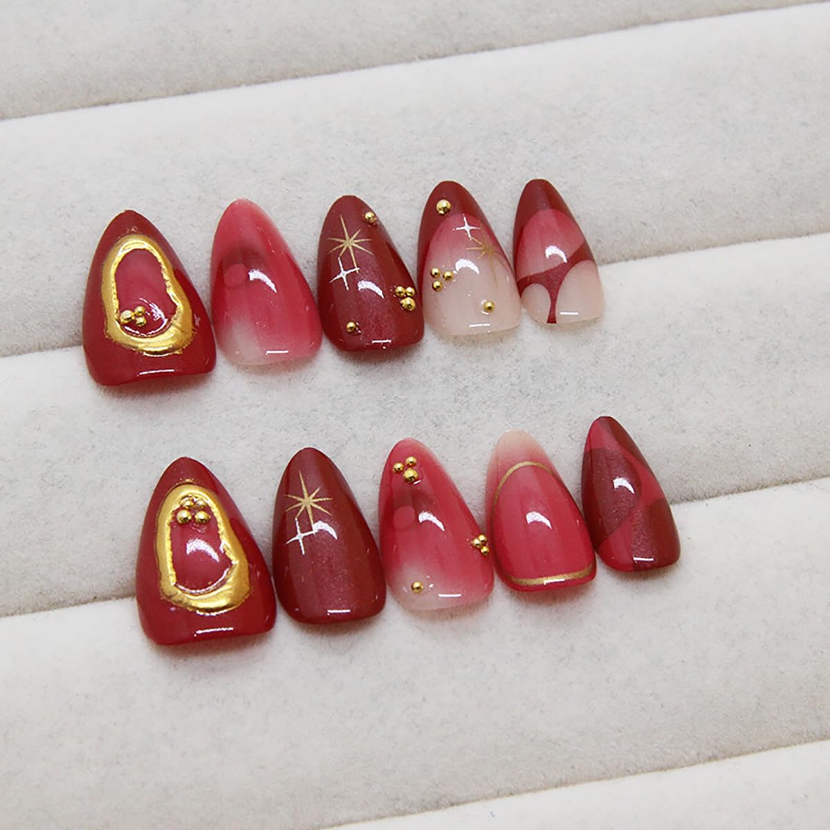 30Pcs Ombre Red Press on Nails Medium Almond Fake Nails 3D Star Rhinestones Glitter Handmade Design Y2K Gold Star Bead Full Cover Stick on Nails Chrome False Nails for Women Acrylic Nail Decorations - Image 3