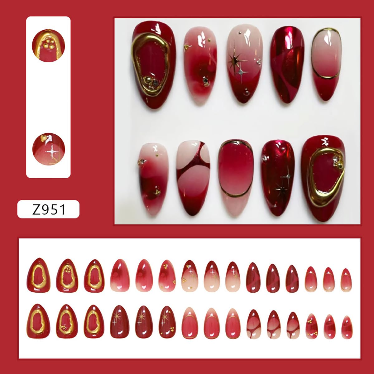 30Pcs Ombre Red Press on Nails Medium Almond Fake Nails 3D Star Rhinestones Glitter Handmade Design Y2K Gold Star Bead Full Cover Stick on Nails Chrome False Nails for Women Acrylic Nail Decorations - Image 2