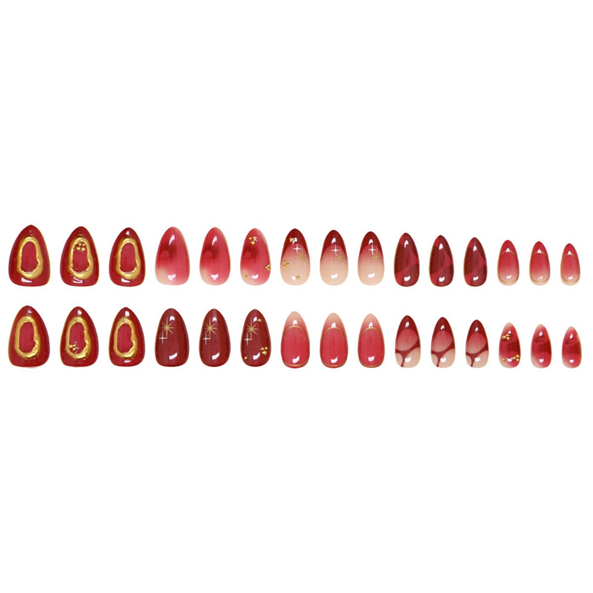 30Pcs Ombre Red Press on Nails Medium Almond Fake Nails 3D Star Rhinestones Glitter Handmade Design Y2K Gold Star Bead Full Cover Stick on Nails Chrome False Nails for Women Acrylic Nail Decorations - Image 5