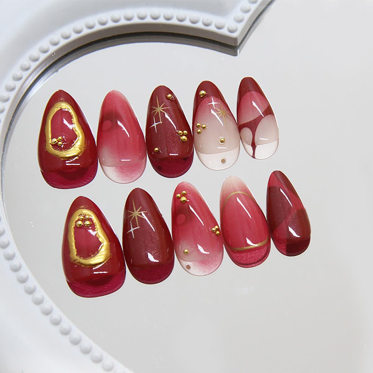 30Pcs Ombre Red Press on Nails Medium Almond Fake Nails 3D Star Rhinestones Glitter Handmade Design Y2K Gold Star Bead Full Cover Stick on Nails Chrome False Nails for Women Acrylic Nail Decorations - Image 4
