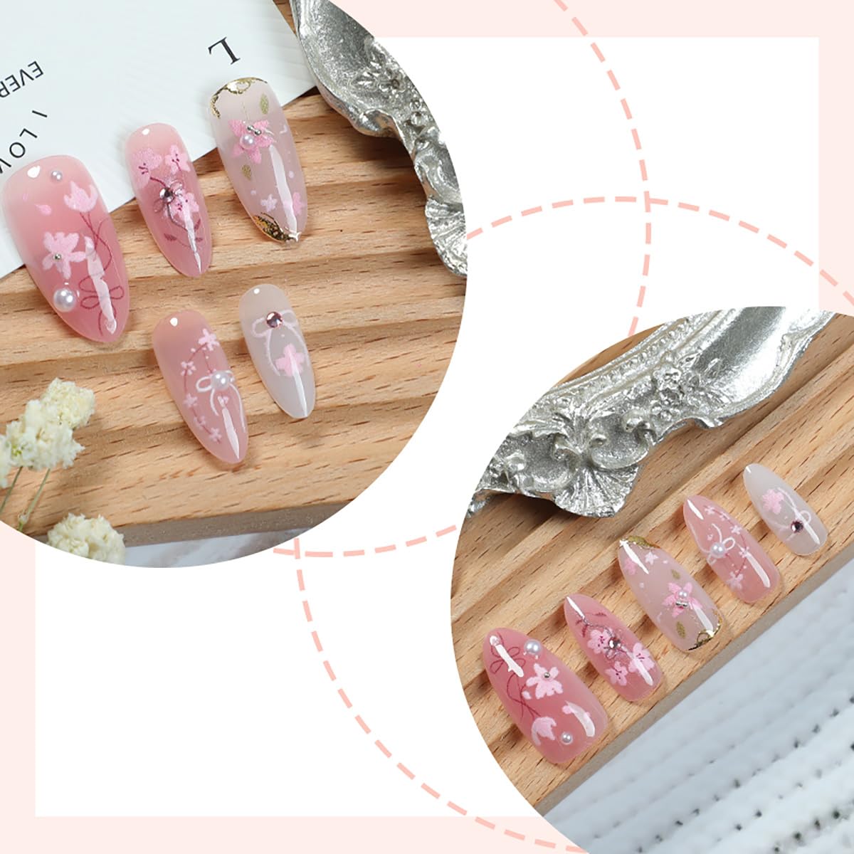 30Pcs Pink Flower Press on Nails Medium Almond Fake Nails Peach Blossom with 3D Rhinestones Pearl Gold Glitter Design Artificial Cute Cat Nails Stick on Nails Spring False Nails for Women Acrylic Nail - Image 3