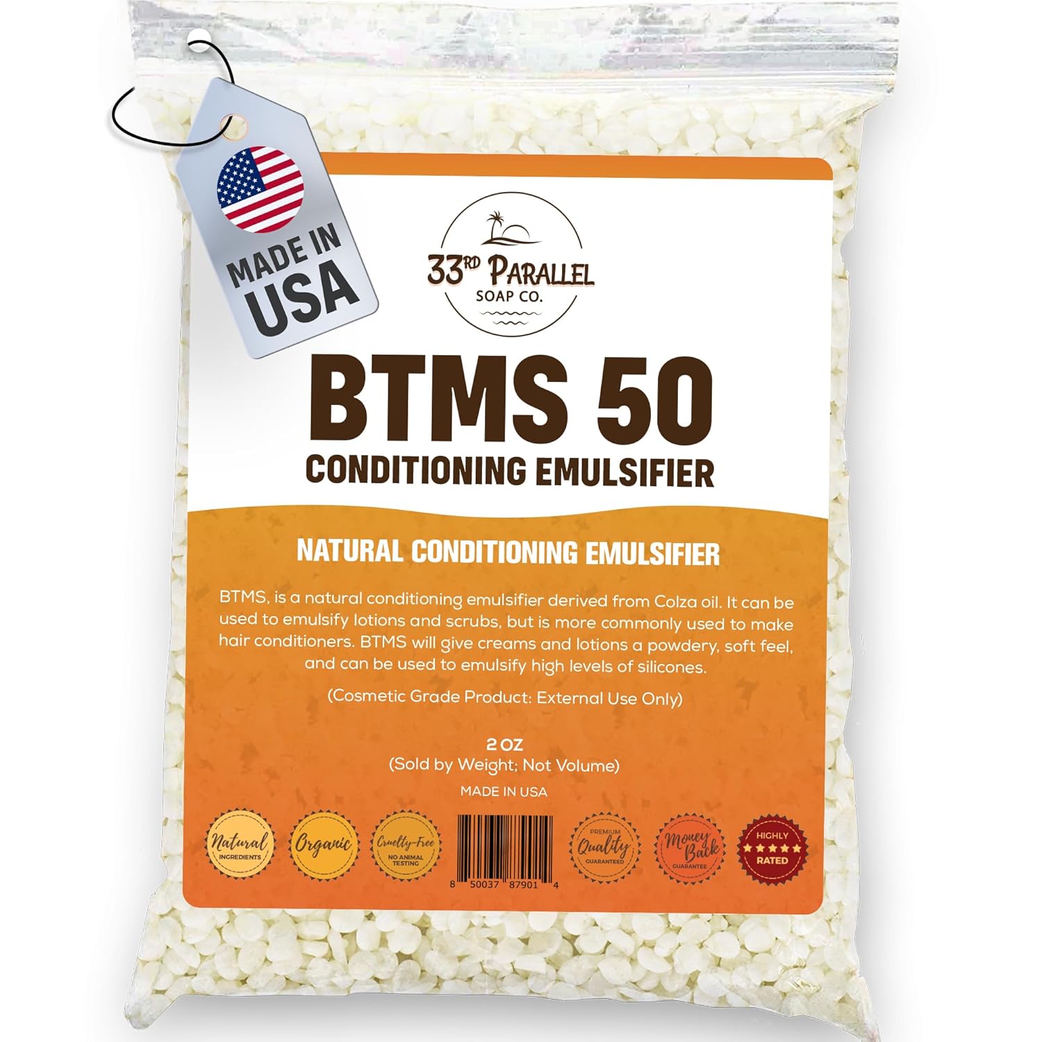 33rd PARALLEL | BTMS 50 (2 oz) Conditioning Emulsifier | 100% Natural Plant Derived | Behentrimonium Methosulfate Cetearyl Alcohol Emulsifying Conditioner | Product of USA (2 Ounces)
