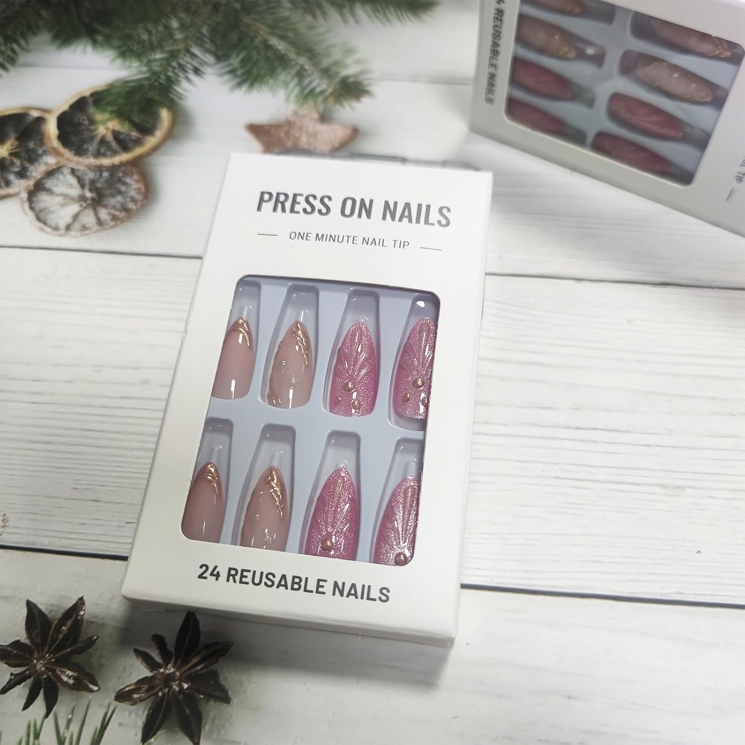 3D Curve Line Press on Nails Ocean Design 3D Shell Acrylic Fake Medium Almond Nails 24 Pcs French Tips Stick on Nails Glossy Pink Glitter False Nails Gold Curve Line Gel Glue on Nails for Women Girls - Image 7