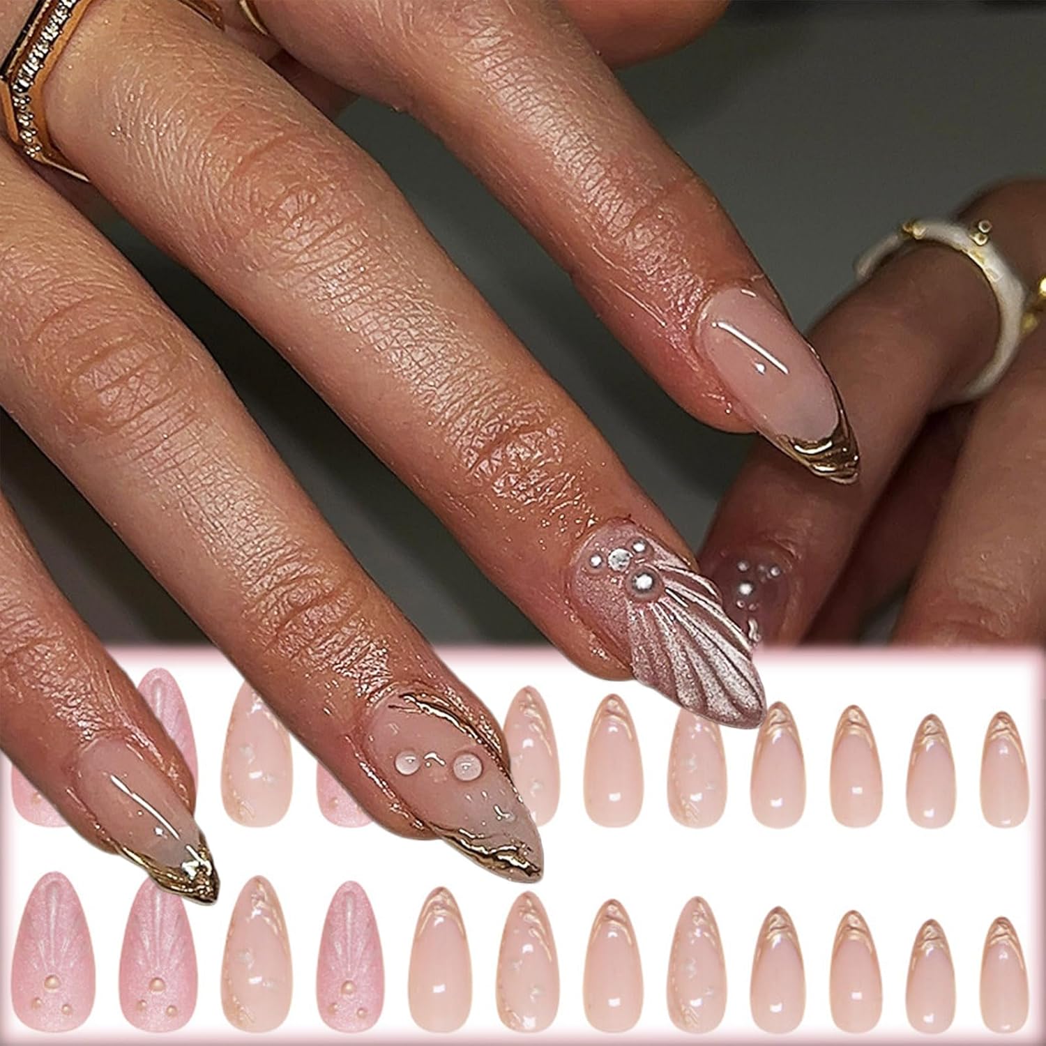 3D Curve Line Press on Nails Ocean Design 3D Shell Acrylic Fake Medium Almond Nails 24 Pcs French Tips Stick on Nails Glossy Pink Glitter False Nails Gold Curve Line Gel Glue on Nails for Women Girls - Image 5