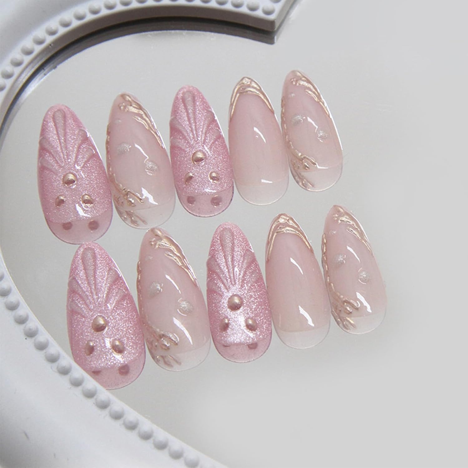3D Curve Line Press on Nails Ocean Design 3D Shell Acrylic Fake Medium Almond Nails 24 Pcs French Tips Stick on Nails Glossy Pink Glitter False Nails Gold Curve Line Gel Glue on Nails for Women Girls - Image 4