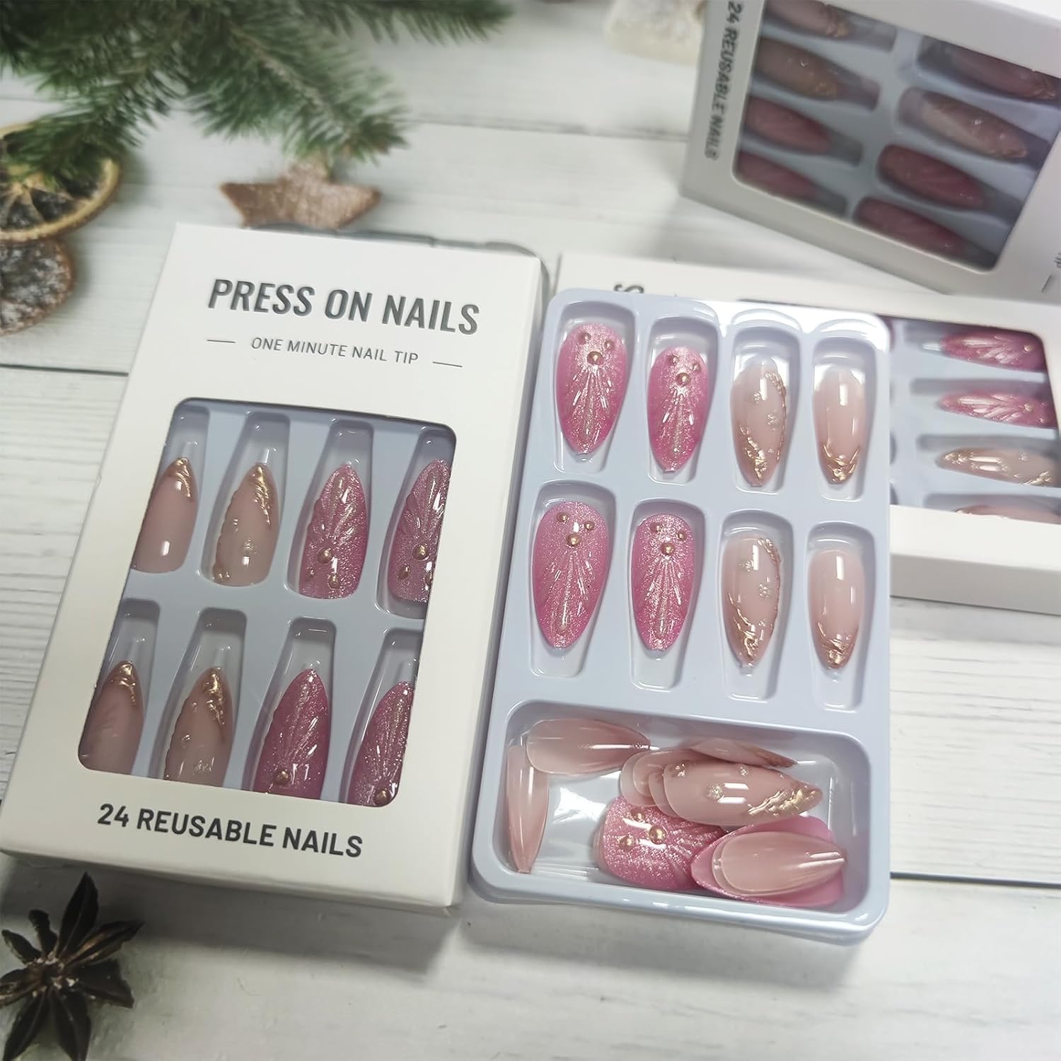 3D Curve Line Press on Nails Ocean Design 3D Shell Acrylic Fake Medium Almond Nails 24 Pcs French Tips Stick on Nails Glossy Pink Glitter False Nails Gold Curve Line Gel Glue on Nails for Women Girls - Image 3