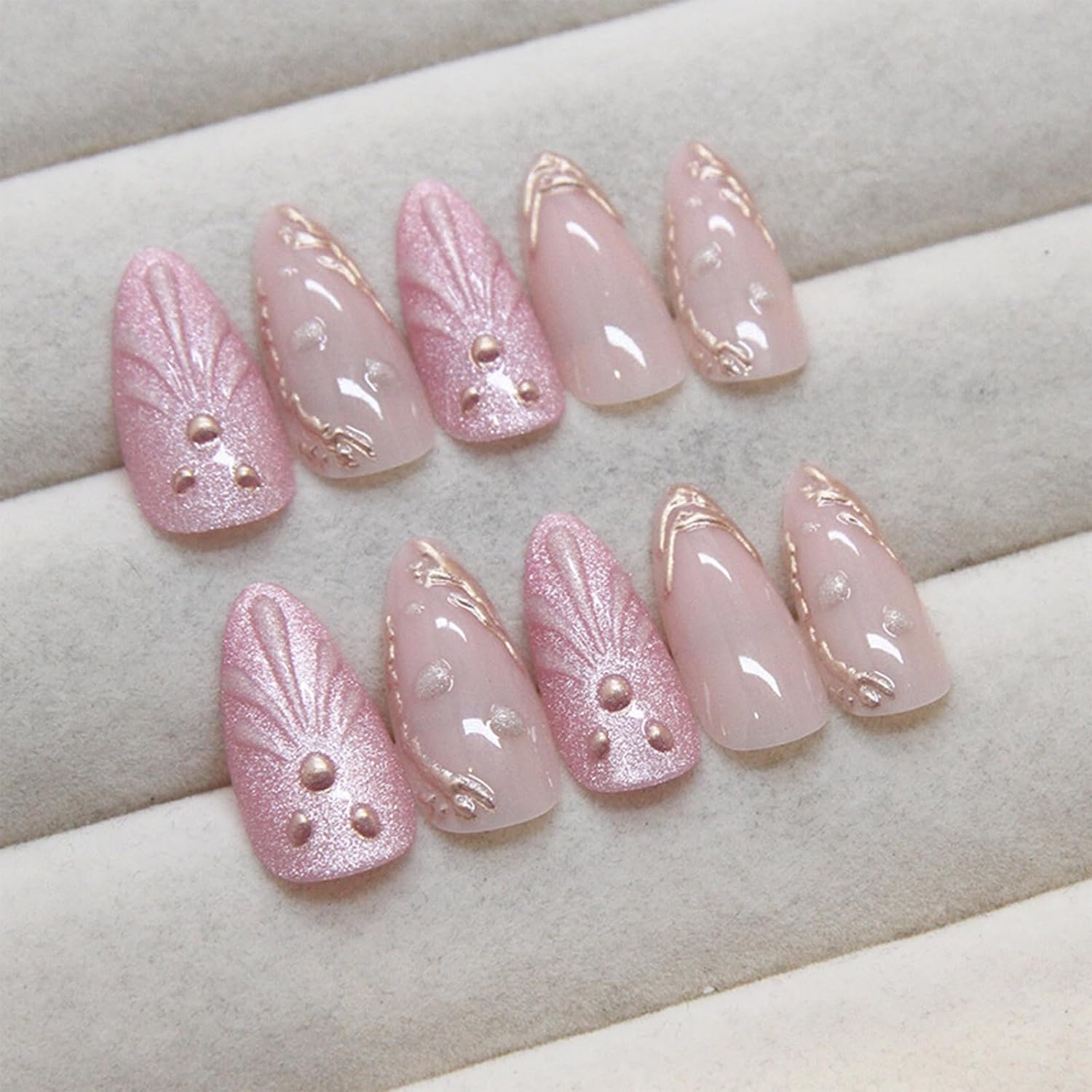 3D Curve Line Press on Nails Ocean Design 3D Shell Acrylic Fake Medium Almond Nails 24 Pcs French Tips Stick on Nails Glossy Pink Glitter False Nails Gold Curve Line Gel Glue on Nails for Women Girls - Image 2