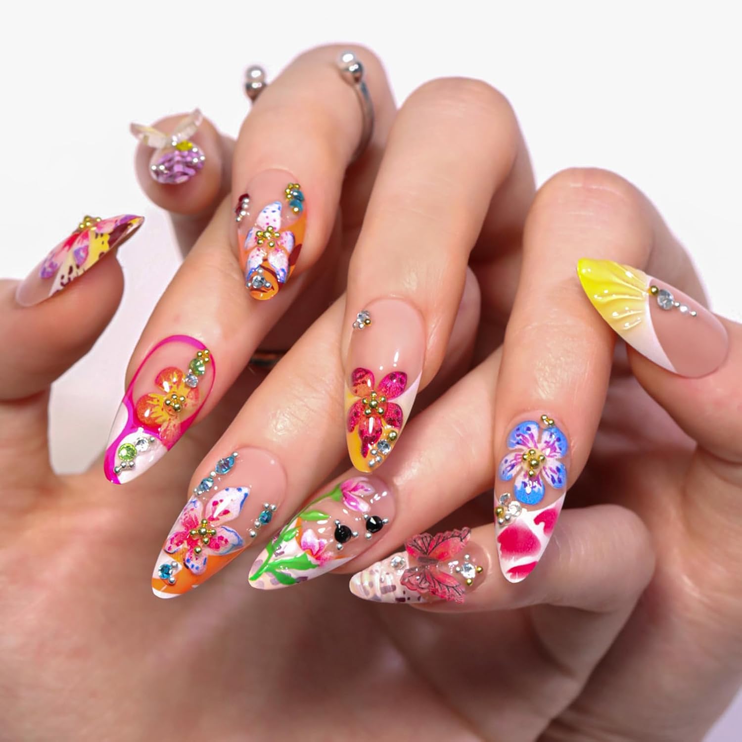 3D Flower Summer Press on Nails Medium Almond, 24pcs Colorful Butterfly Floral Design Pretty Beach Vacation Nails for Women, Glossy Gold Beads Rhinestones Charms French Tip Glue on False Nails - Image 6