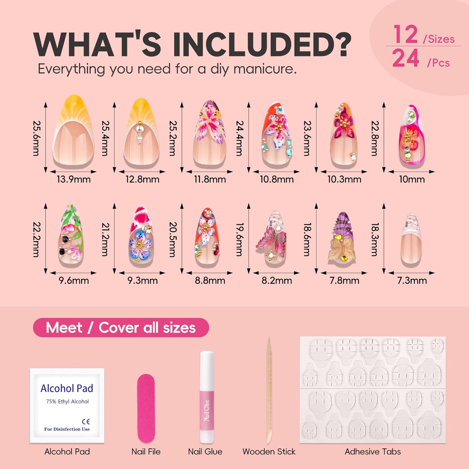 3D Flower Summer Press on Nails Medium Almond, 24pcs Colorful Butterfly Floral Design Pretty Beach Vacation Nails for Women, Glossy Gold Beads Rhinestones Charms French Tip Glue on False Nails - Image 5