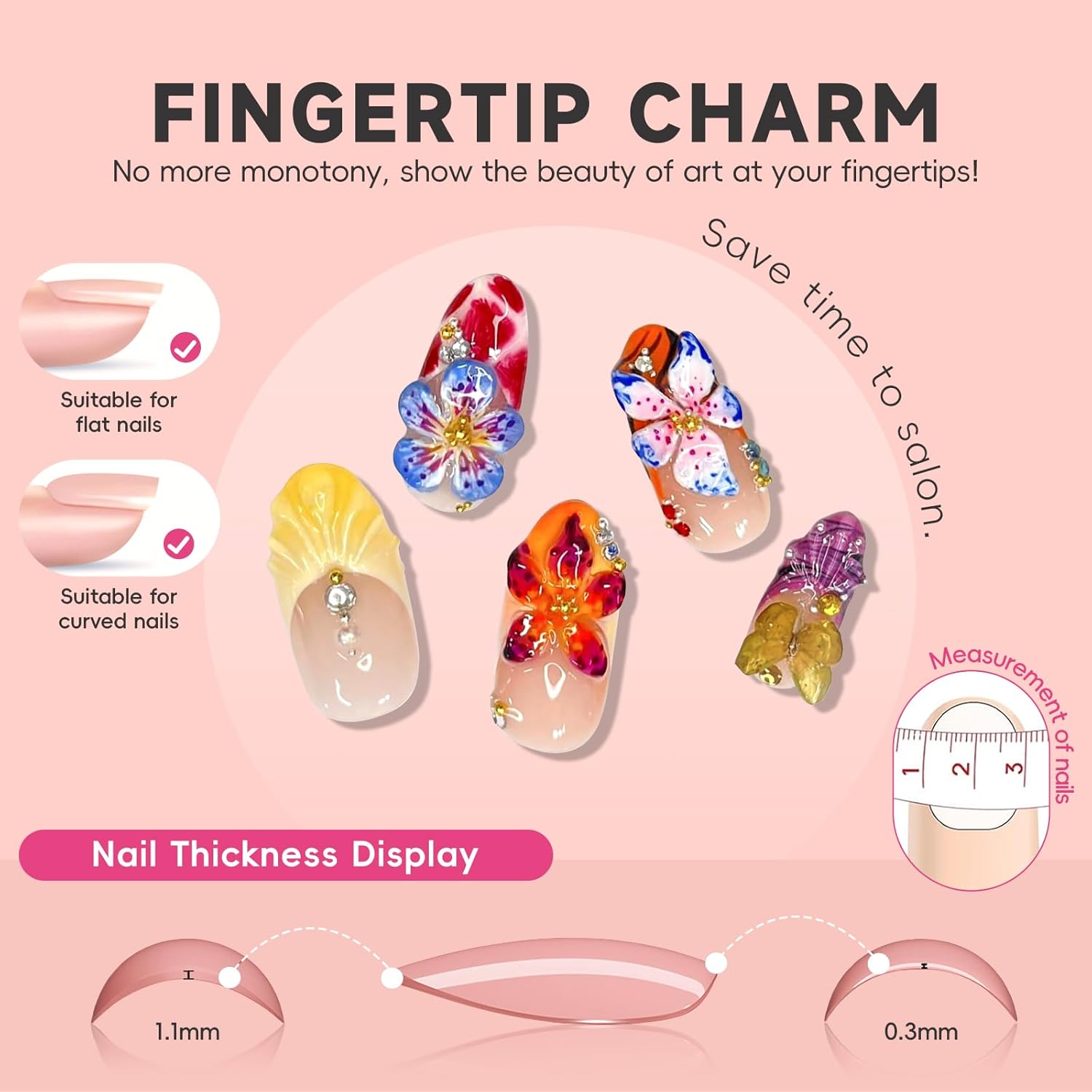 3D Flower Summer Press on Nails Medium Almond, 24pcs Colorful Butterfly Floral Design Pretty Beach Vacation Nails for Women, Glossy Gold Beads Rhinestones Charms French Tip Glue on False Nails - Image 4