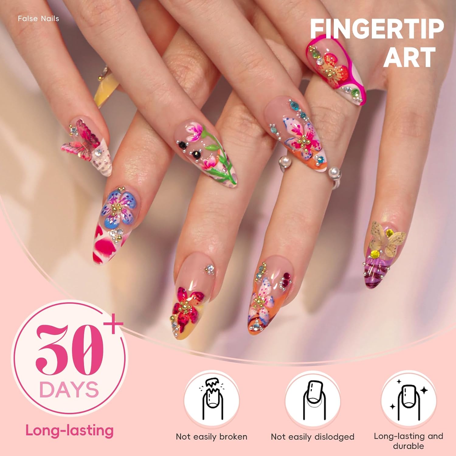 3D Flower Summer Press on Nails Medium Almond, 24pcs Colorful Butterfly Floral Design Pretty Beach Vacation Nails for Women, Glossy Gold Beads Rhinestones Charms French Tip Glue on False Nails - Image 3