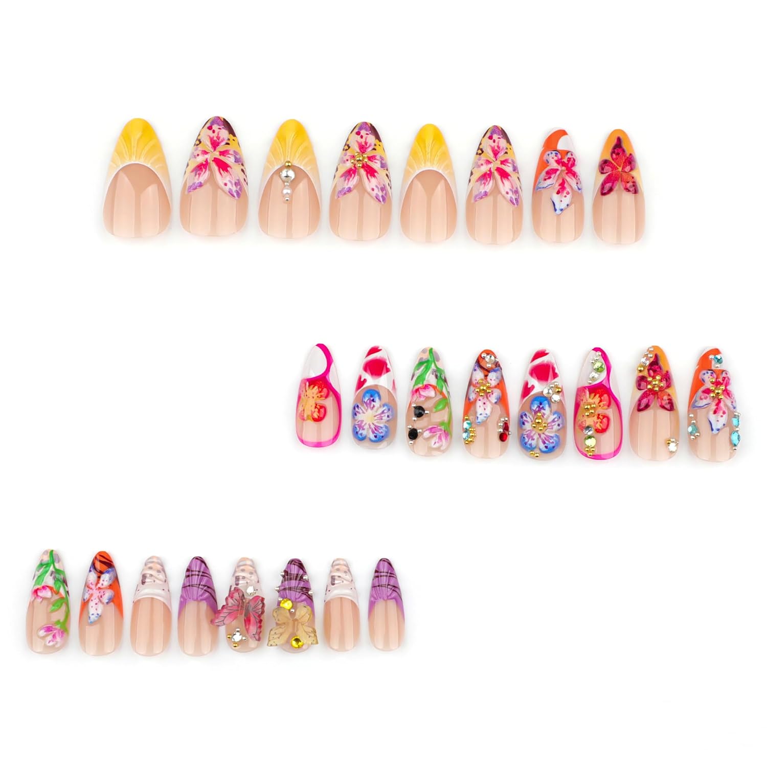 3D Flower Summer Press on Nails Medium Almond, 24pcs Colorful Butterfly Floral Design Pretty Beach Vacation Nails for Women, Glossy Gold Beads Rhinestones Charms French Tip Glue on False Nails - Image 2