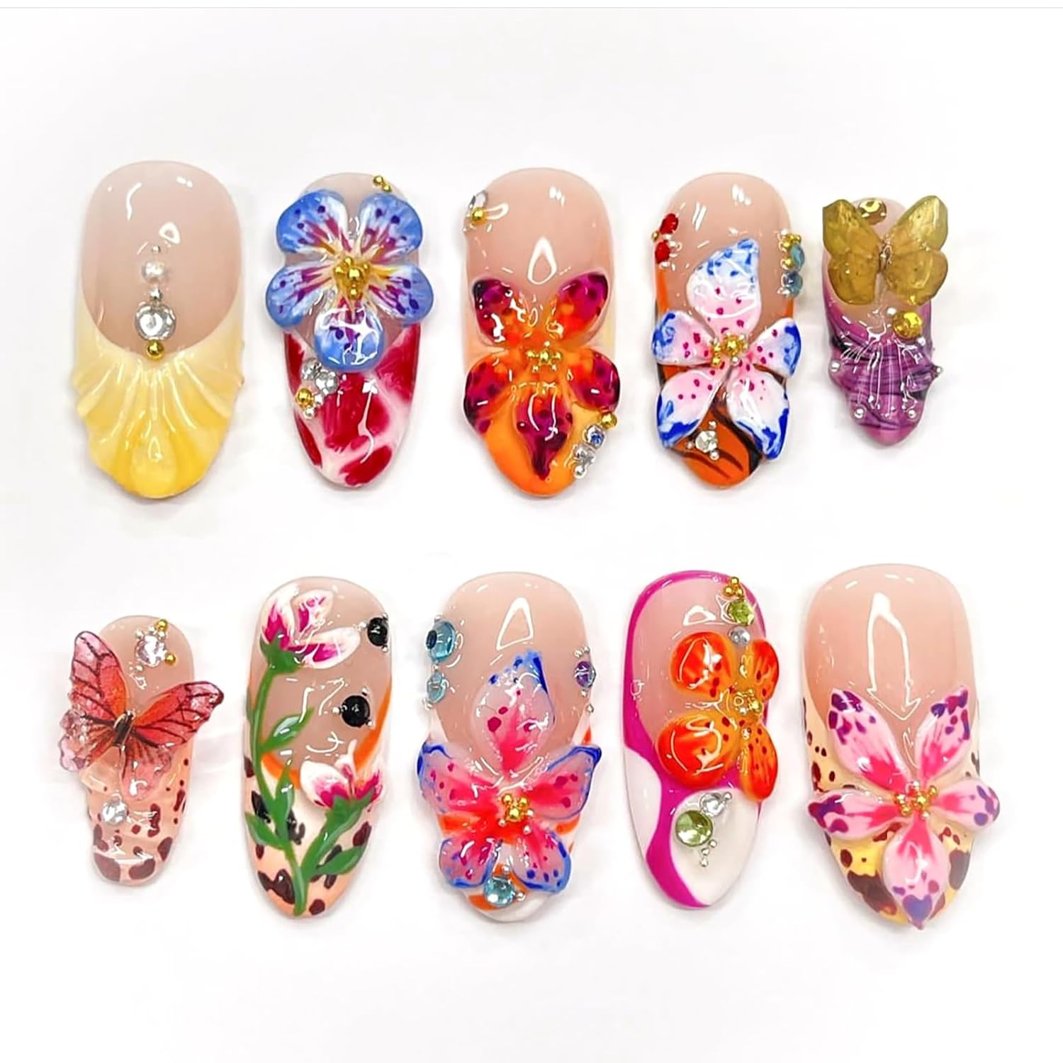 3D Flower Summer Press on Nails Medium Almond, 24pcs Colorful Butterfly Floral Design Pretty Beach Vacation Nails for Women, Glossy Gold Beads Rhinestones Charms French Tip Glue on False Nails