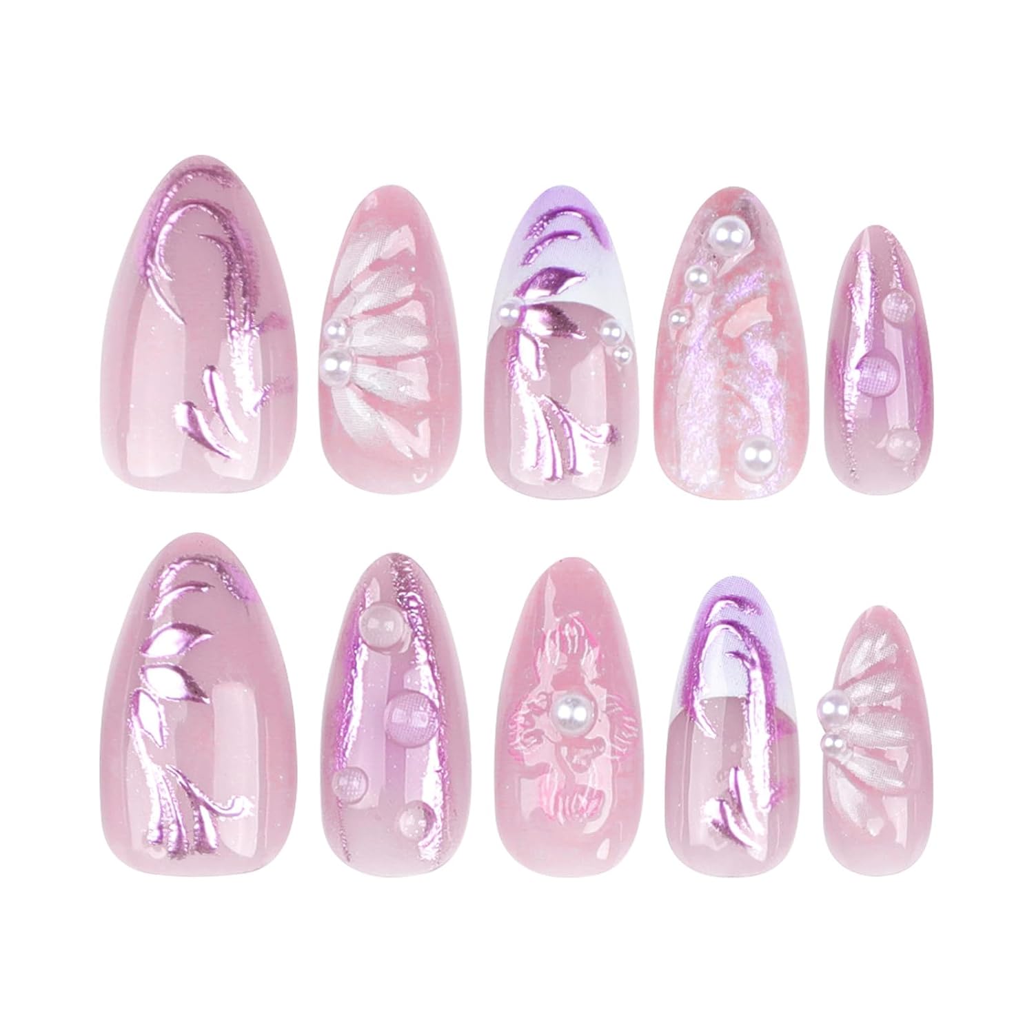 3D Press-on Nails - Handmade, Charms, Flower, Pearl, Pink, French, Acrylic, Almond Shape, Very Cute, Medium Stick-on Nails for Women, 24pcs - Image 5