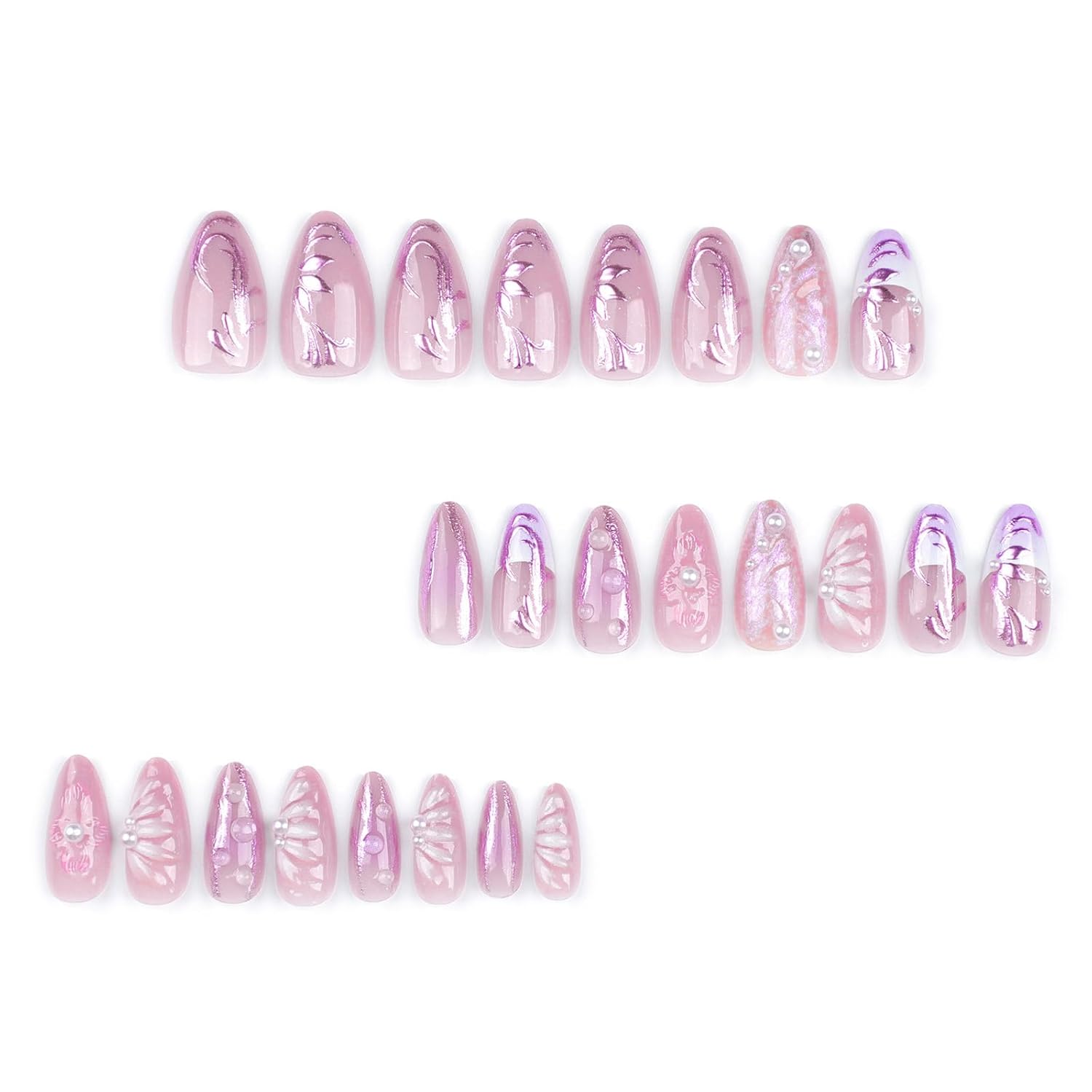 3D Press-on Nails - Handmade, Charms, Flower, Pearl, Pink, French, Acrylic, Almond Shape, Very Cute, Medium Stick-on Nails for Women, 24pcs - Image 2
