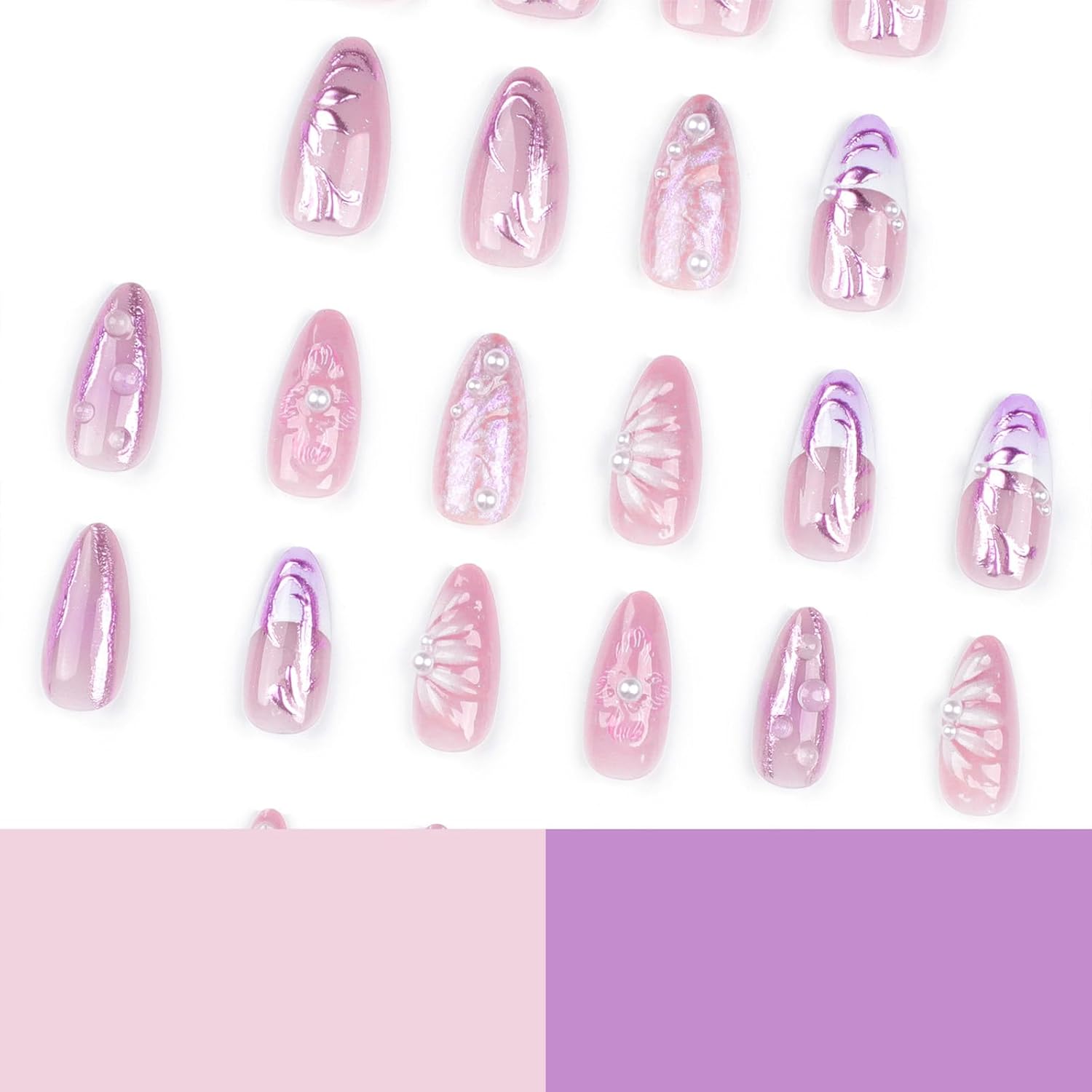 3D Press-on Nails - Handmade, Charms, Flower, Pearl, Pink, French, Acrylic, Almond Shape, Very Cute, Medium Stick-on Nails for Women, 24pcs - Image 4