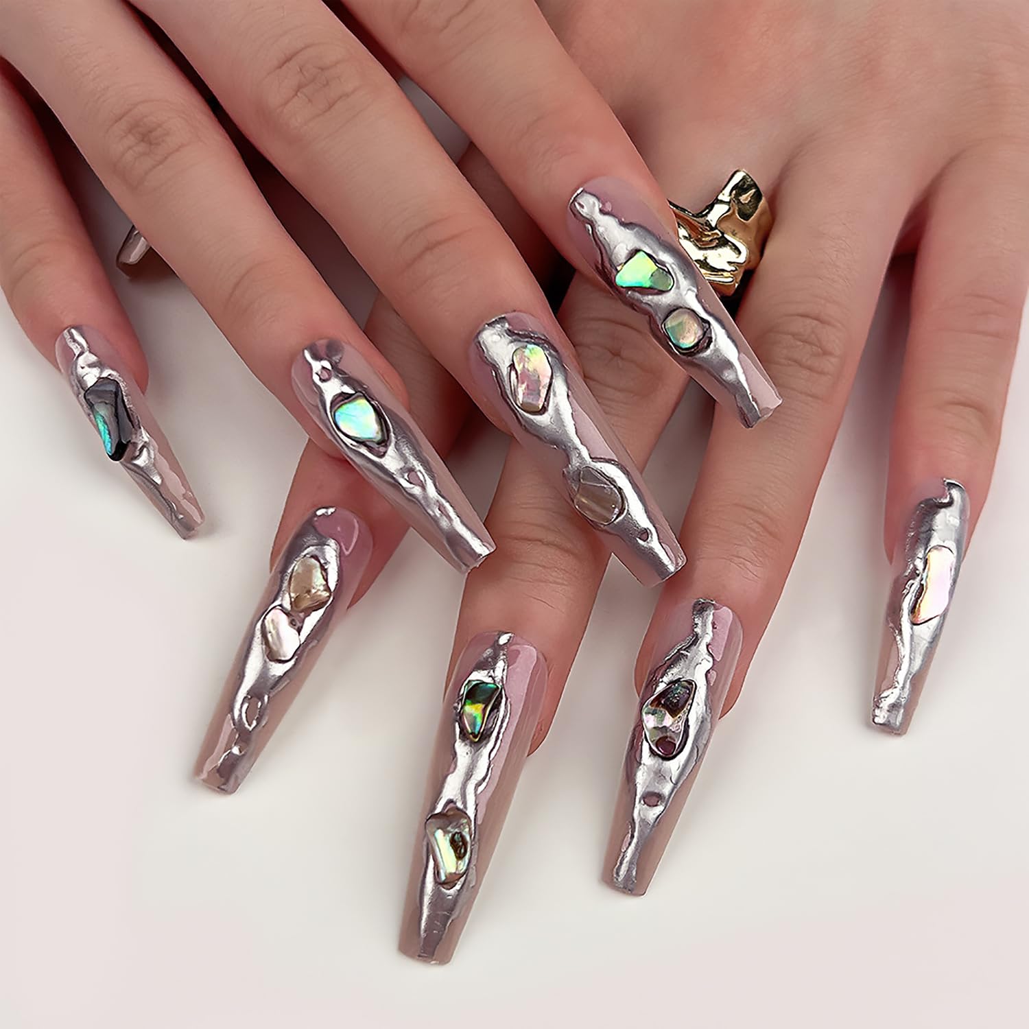 3D Silver Mirror Stripe Press on Nails Coffin Long Fake Nails With Rhinestones Designs Y2k False Nails Full Cover Stick on Nails Acrylic Artificial Nails for Women Glue on Nails 24Pcs