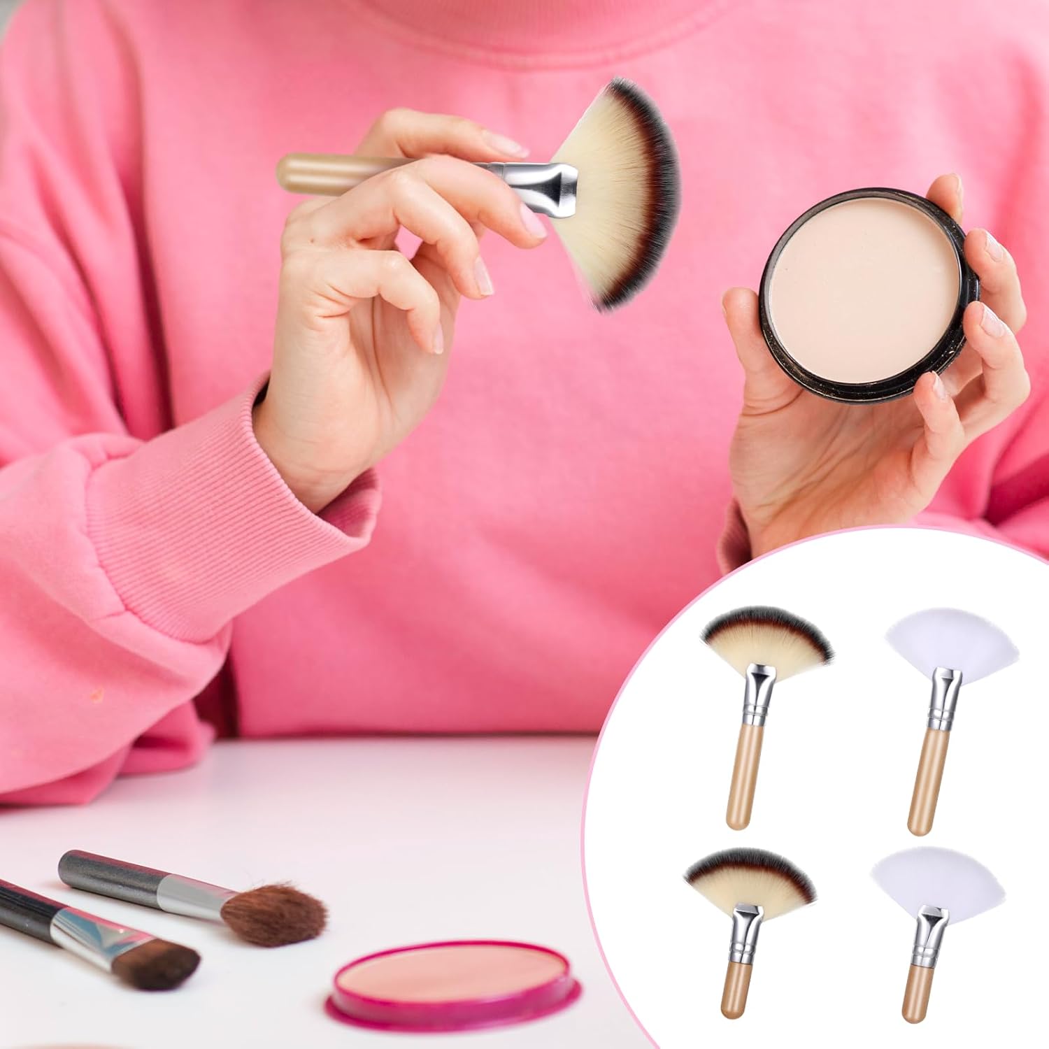 4 PCS Fluffy Fan Brushes for Facials, Face Makeup Brush Facial Supplies for Estheticians Professionals Face Applicator Tool with Long and Short Handle for Loose Powder Blush - Image 7