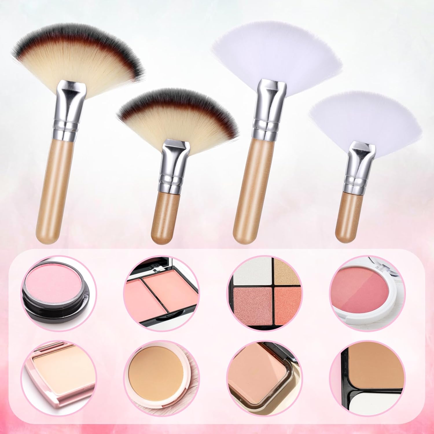 4 PCS Fluffy Fan Brushes for Facials, Face Makeup Brush Facial Supplies for Estheticians Professionals Face Applicator Tool with Long and Short Handle for Loose Powder Blush - Image 4