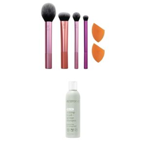 Real Techniques Everyday Essentials + Makeup Sponge 6PC Set, 4 Makeup Brushes & 2 Makeup Blender Sponges+ EcoTools Makeup Brush and Sponge Shampoo Fragrance-Free Brush Cleanser, 6 fl.oz.