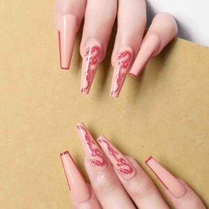 French Super Long Fake Nails Acrylic offin Press on Nails Designer False Nails Artificial Full Cover Nails for Women and Girls 24Pcs (Nude Dragon)