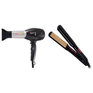 CHI Rocket Hair Dryer & G2 Professional Hair Straightener Titanium Infused Ceramic Plates Flat Iron | 1 1/4" Color Coded Temperature Ranges up 425°F for all hair types includes Thermal Mat