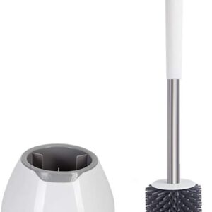 BOOMJOY Toilet Brush and Holder Set, Silicone Toilet Bowl Cleaner Brush, Bathroom Cleaning Bowl Kit with Tweezers, Bathroom Accessories with Aluminum Handle - White
