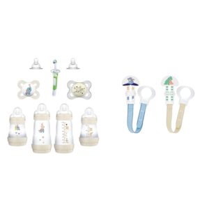 MAM Welcome Home Gift Set (9-Piece), Easy Start Anti-Colic Baby Bottles, Baby Pacifiers, Nipples & 2 Clips for Pacifiers with Fasteners and Flexible Rings for Boys, Designs May Vary