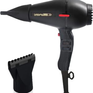 Turbo Power TwinTurbo 3800 Ceramic & Ionic Eco Friendly Black Hair Dryer + M Hair Designs Hot Blow Attachment (Bundle) – Fast-Drying, Frizz-Control, Professional Blow Dryer