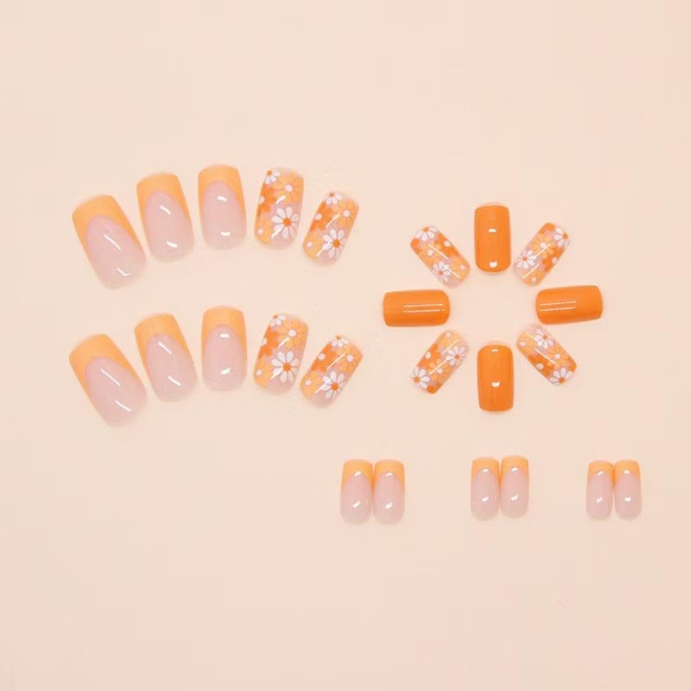 Orange Press on Nails Flower Fake Nails Nude False Nails with Design French Tip Glue on Nails Glossy Artificial Acrylic Nail Full Cover Stick on Nails for Women Manicure 24Pcs' - Image 3