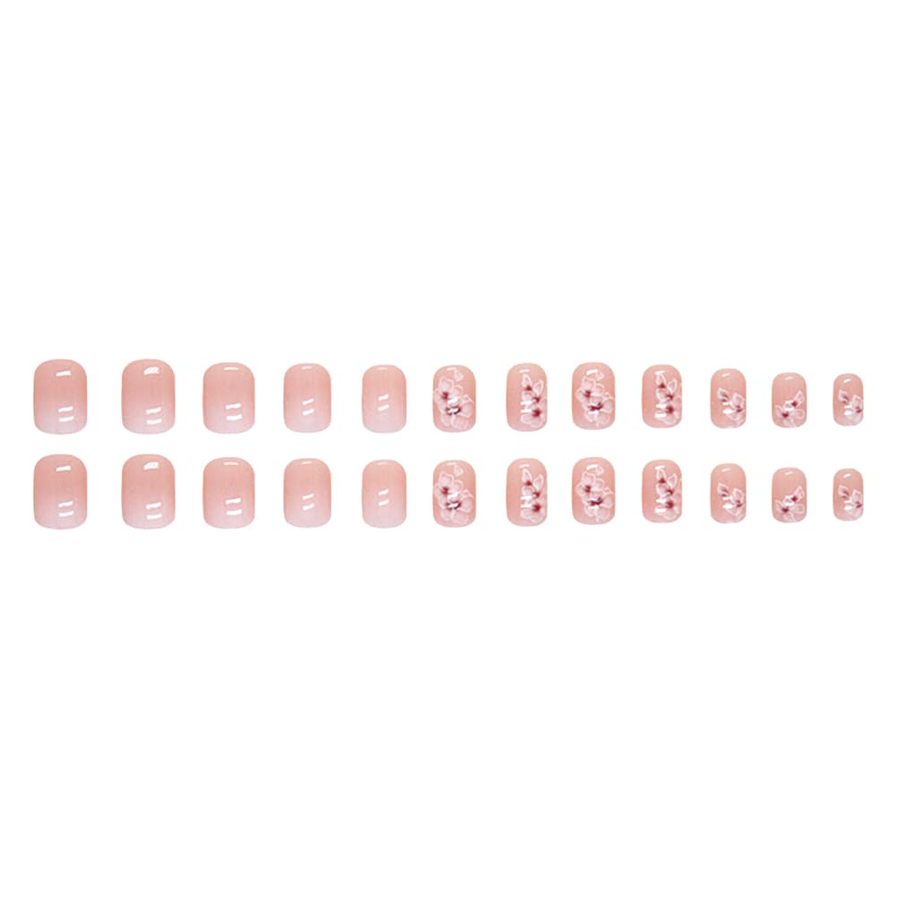 Acrylic Press on Nails Short Square Fake Nails White Ombre Glue on Nails Short False Nails with Flower Gloss Designs Nails Press on Artificial Nails Stick on Nails for Women 24Pcs - Image 5