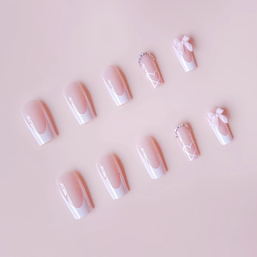 24 Pcs Pink Press on Nails Medium Square - SHANRUN White French Fake Nails Press ons Nail Art Tips Glue on Nails Full Cover Artificial Acrylic False Nails with Rhinestone Bow Design Stick on Nails - Image 3