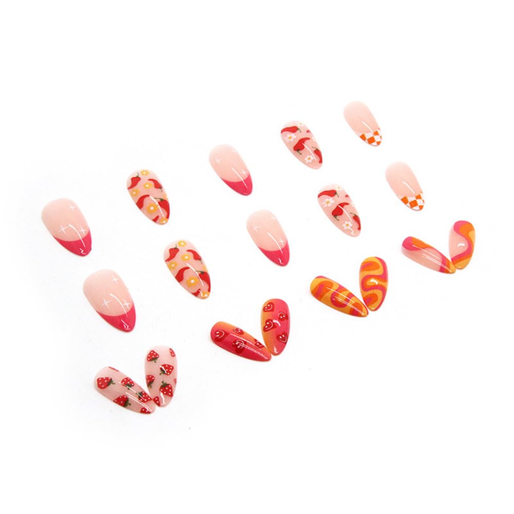 24 Pcs Press on Almond Medium French Tip Acrylic Fake Nails with Fruit Colorful Swirl Patterns Designs Full Cover Reusable False Nails Set for Women Glue on Stick on Nail Art - Image 4