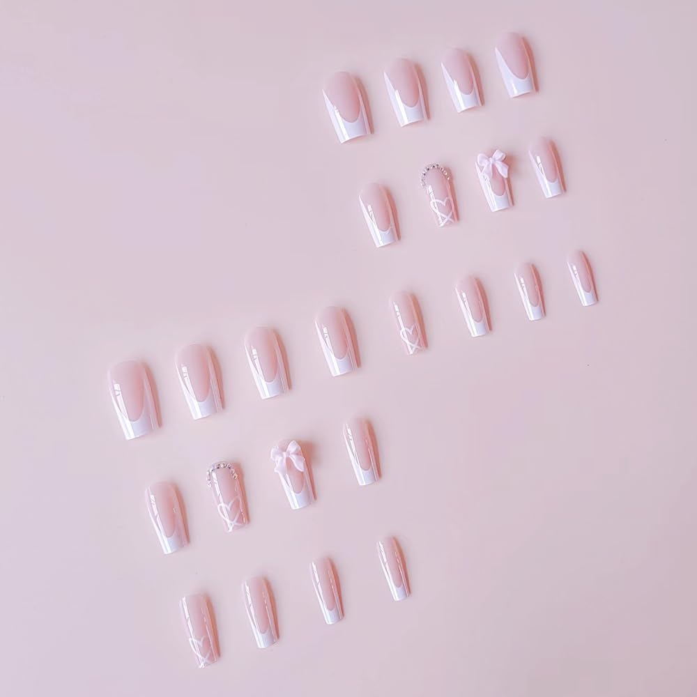 24 Pcs Pink Press on Nails Medium Square - SHANRUN White French Fake Nails Press ons Nail Art Tips Glue on Nails Full Cover Artificial Acrylic False Nails with Rhinestone Bow Design Stick on Nails - Image 2