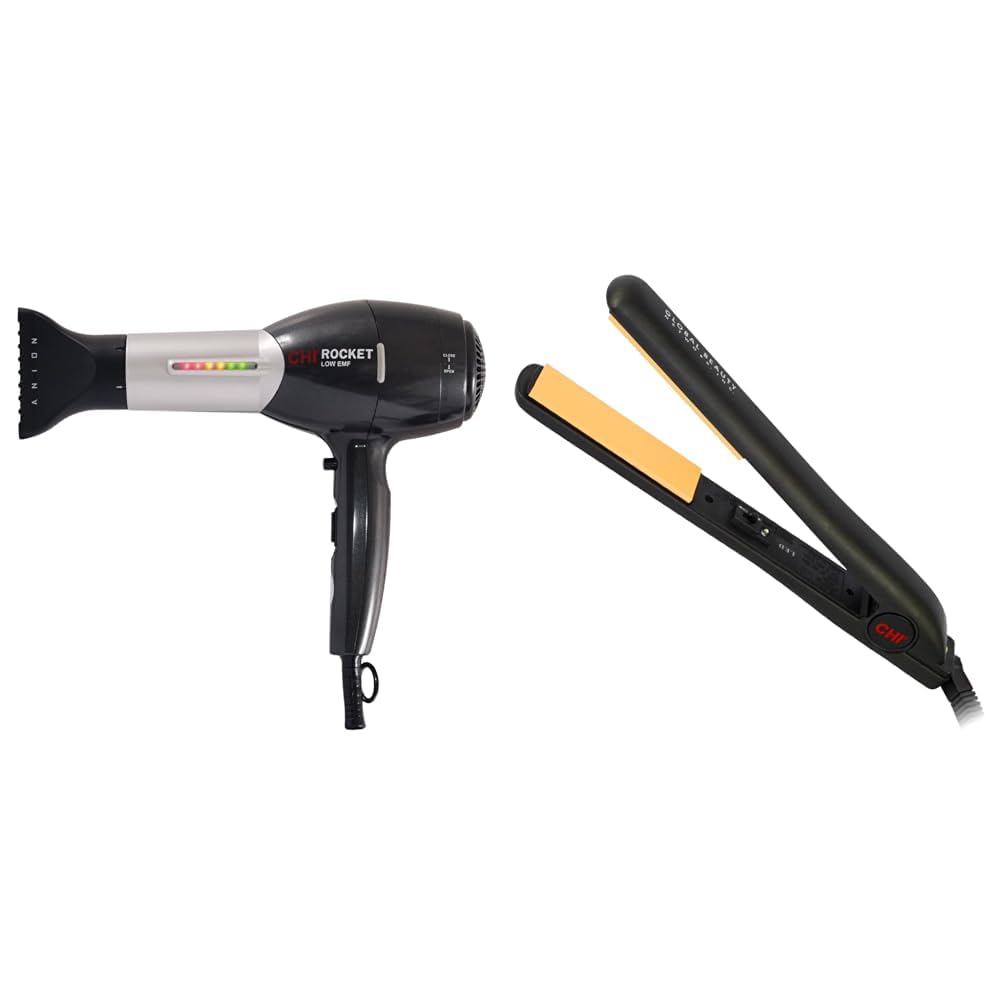 CHI Rocket Hair Dryer & Original Ceramic Hair Straightener Flat Iron | 1 Inch Ceramic Floating Plates | Quick Heat Up | Analog On/Off Switch | Black