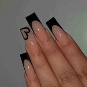 Black Press on Nails Artificail Extra Long, Coffin Fake Nails with LOVE Acrylic Full Cover Long Fake Nails with Design Nail Tips for Women&Girls,24PCS