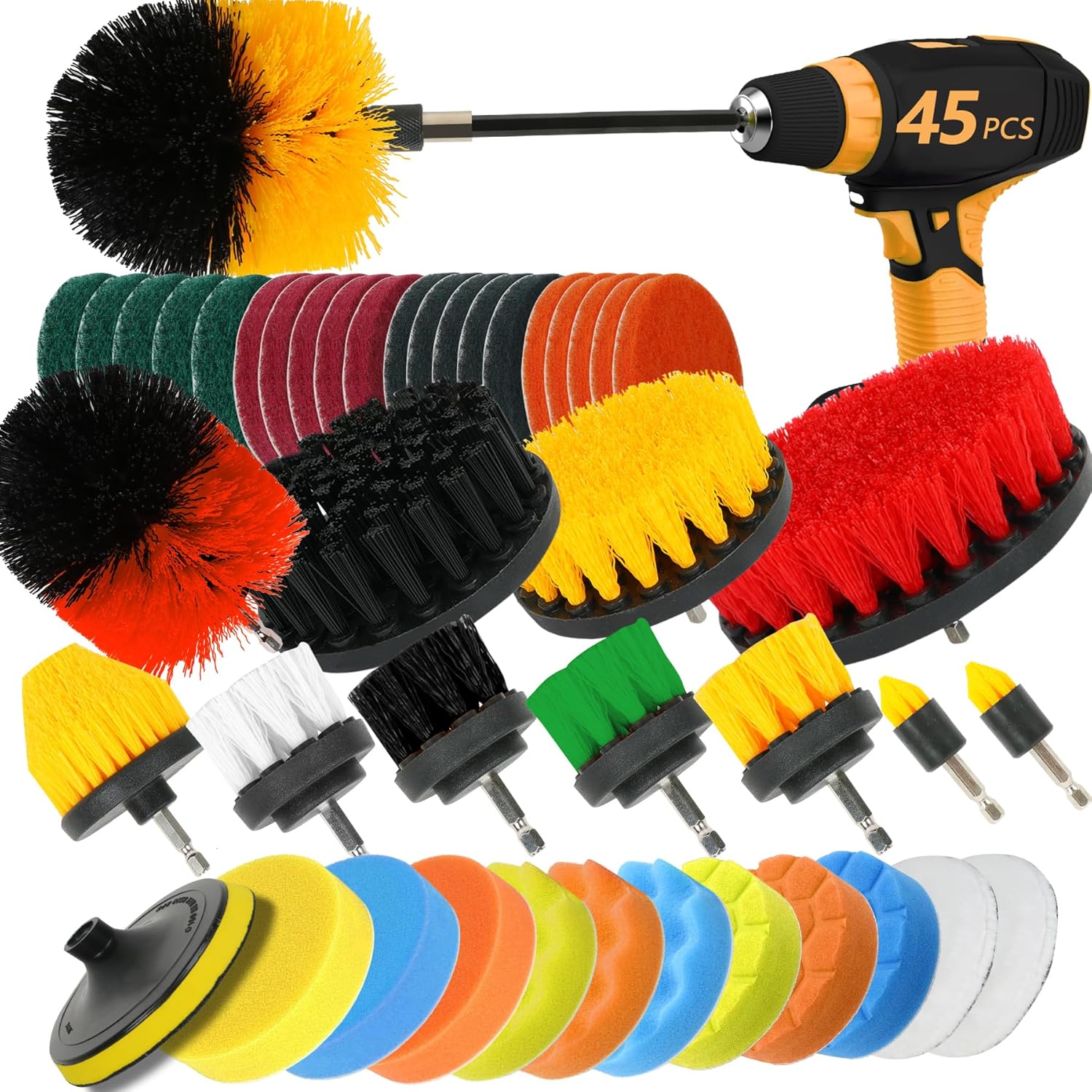 45 PCS Drill Brush Attachment Set, All Purpose Power Cleaning Brush Set with Brush, Scrub Pads, Sponge, Car Polishing Pads, Extend Long Attachment for Bathroom Kitchen, Tile, Sinks, Car