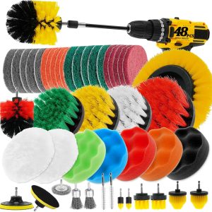 48 Pcs Drill Brush Attachments Set, Scrub Pads & Sponge & Wire Brush for Drill, Power Scrubber Brush with Extend Long Attachment, Drill Scrubber Brush Kit for Bathroom, Floor, Car, Grout
