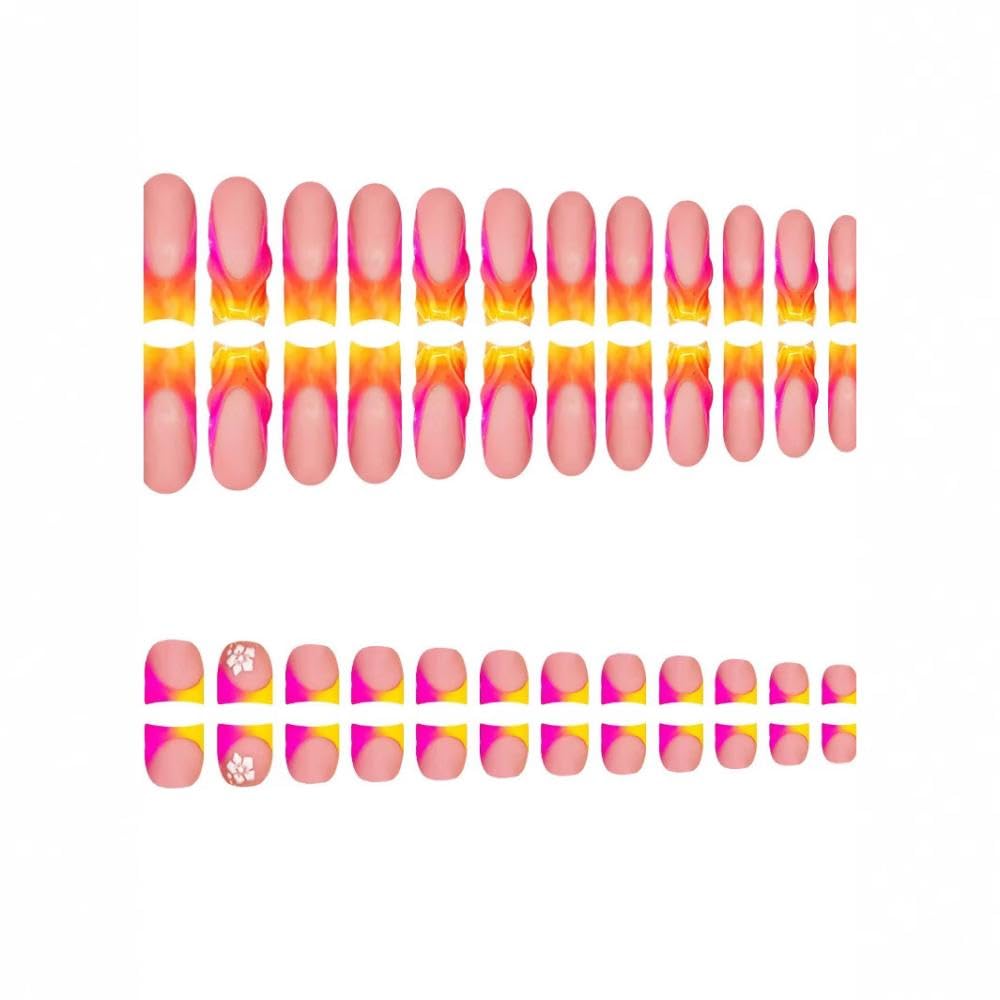 48Pcs Gradient Orange Pink French Tips Press on Toenails Water Ripple Press on Nails Long Square False Nails with Ombre Designs White Flower Fake Toes Glossy Summer Nails for Women Girls DIY Manicure - Image 2