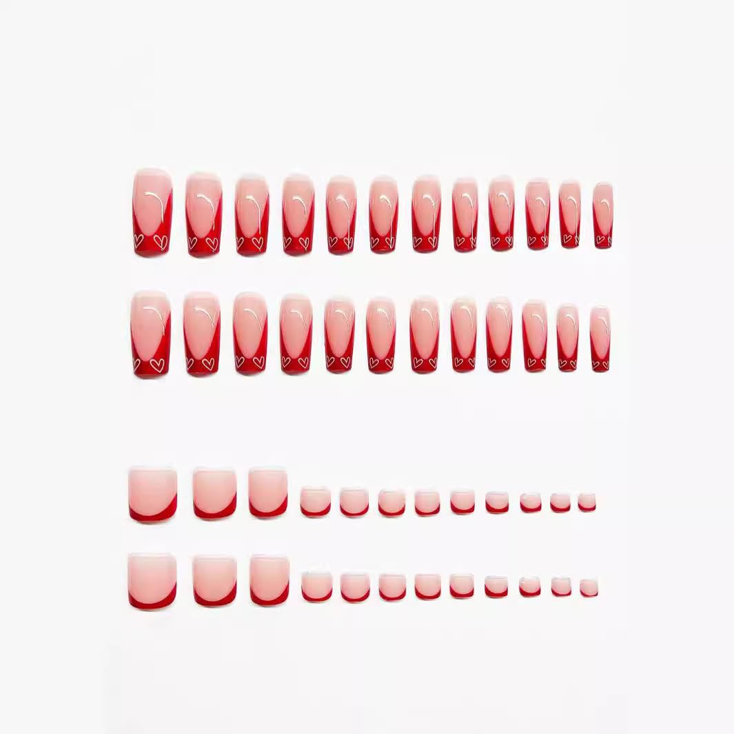 48 Piece Medium Square Red French Tip Acrylic Nail Kit with Heart Design for Women - Image 2