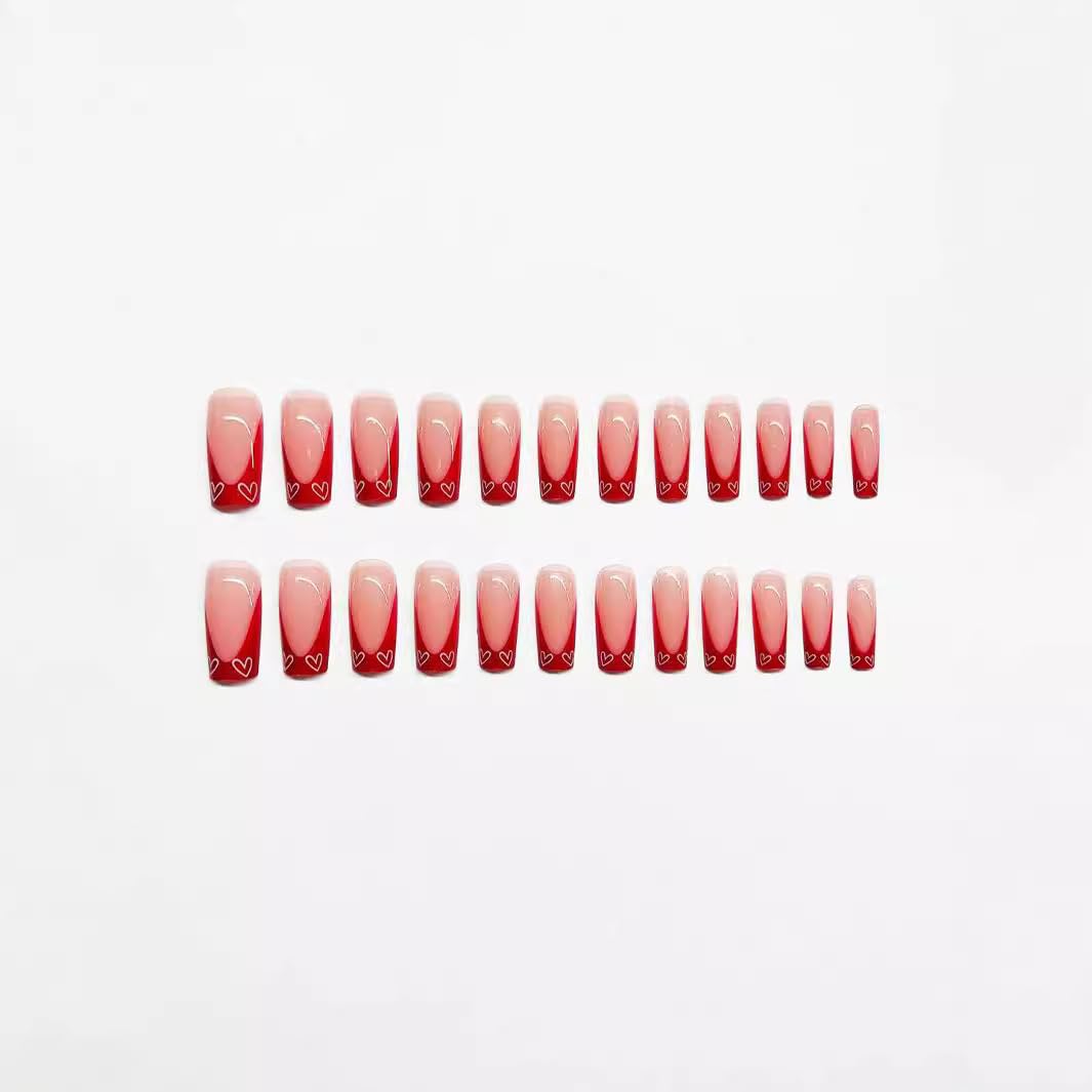 48 Piece Medium Square Red French Tip Acrylic Nail Kit with Heart Design for Women - Image 3